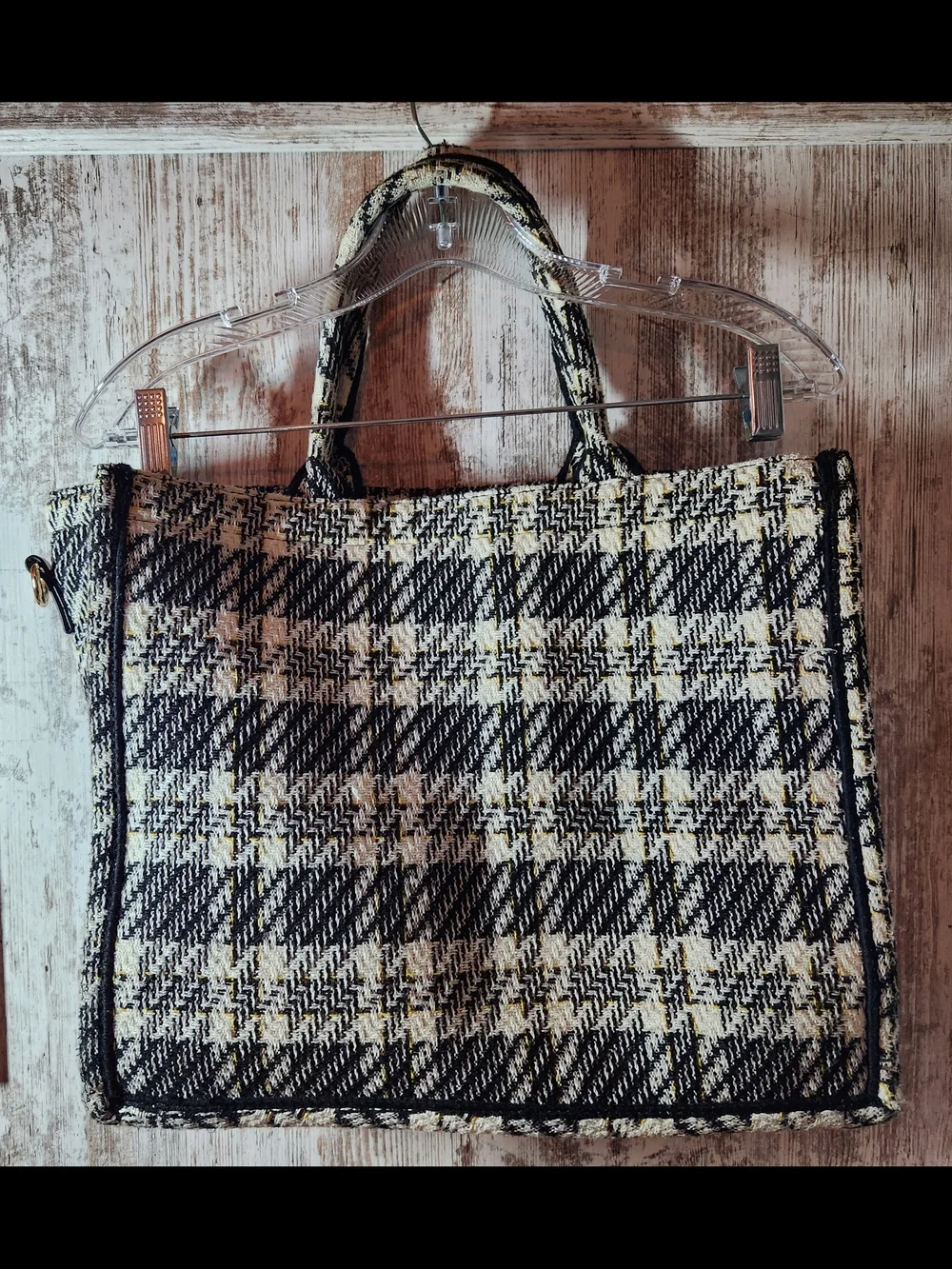 Black, Cream & Yellow Tweed Plaid Check Work Office Tote With Smiley Face